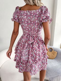 image-Women Mini Dress Temperament Big Swing Loose Hem Flower Print Shirring Dress Up Short Sleeves High Waist Summer Dress Clothes