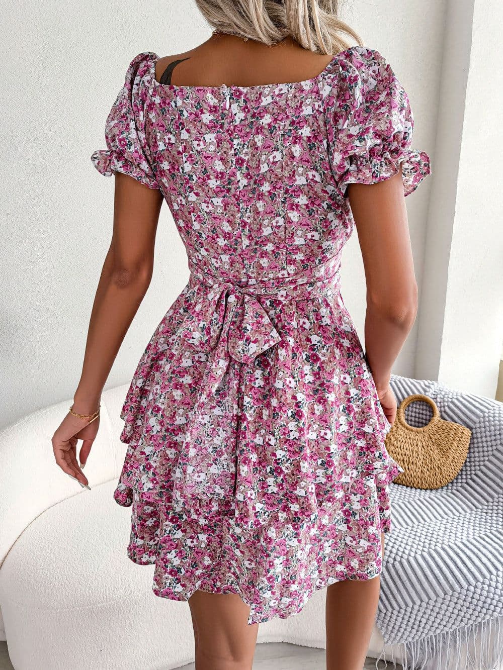 image-Women Mini Dress Temperament Big Swing Loose Hem Flower Print Shirring Dress Up Short Sleeves High Waist Summer Dress Clothes