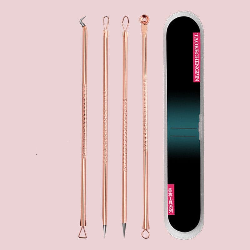 image-Rose Gold Stainless Steel Acne Needle 4-piece Tool Beauty Acne Blackhead Acne Clip Tool Set