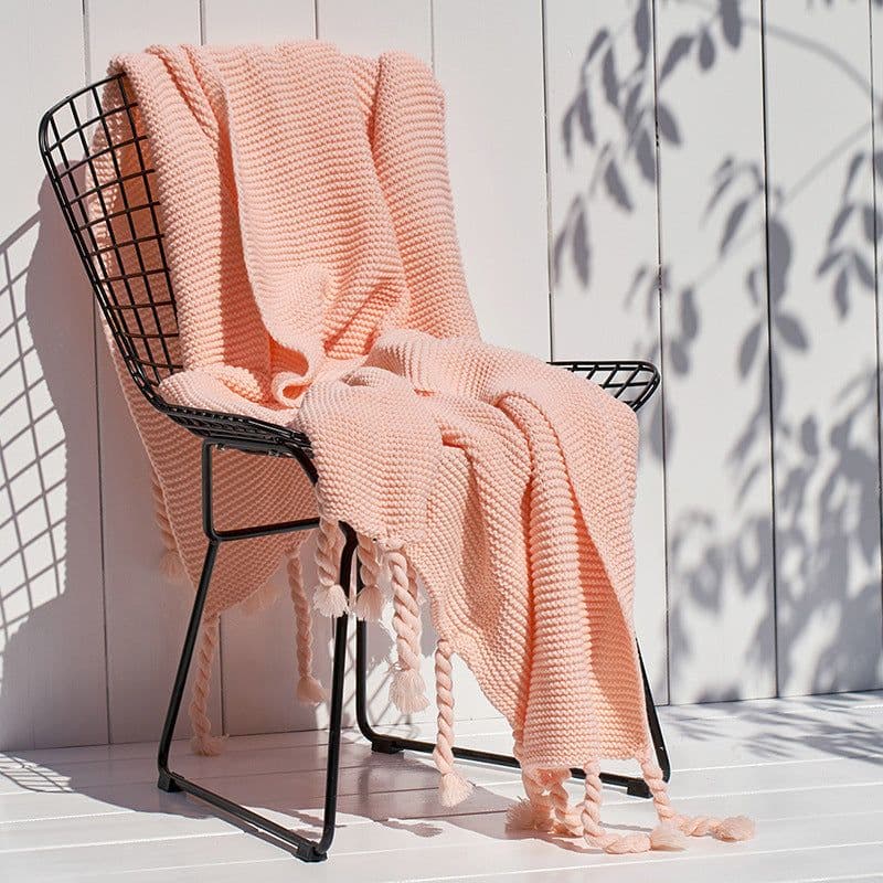 image-Solid Color Nordic Sofa Office Leisure Blanket Knitted Tassel