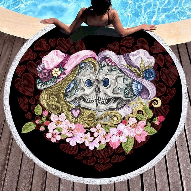 image-Scary Skull Round Beach Towel Fiber Picnic Mat