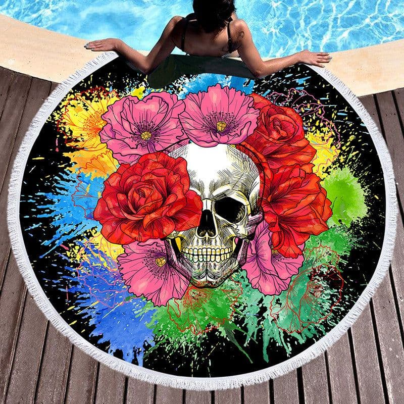 image-Scary Skull Round Beach Towel Fiber Picnic Mat
