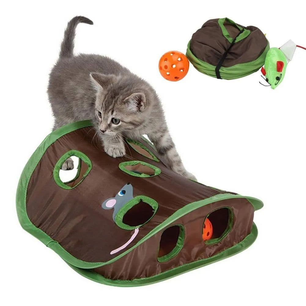 image-Cute Pet Cat Interactive Hide Seek Game 9 Holes Tunnel Mouse Hunt Intelligence Toy Pet Hidden Hole Kitten Foldable Toys