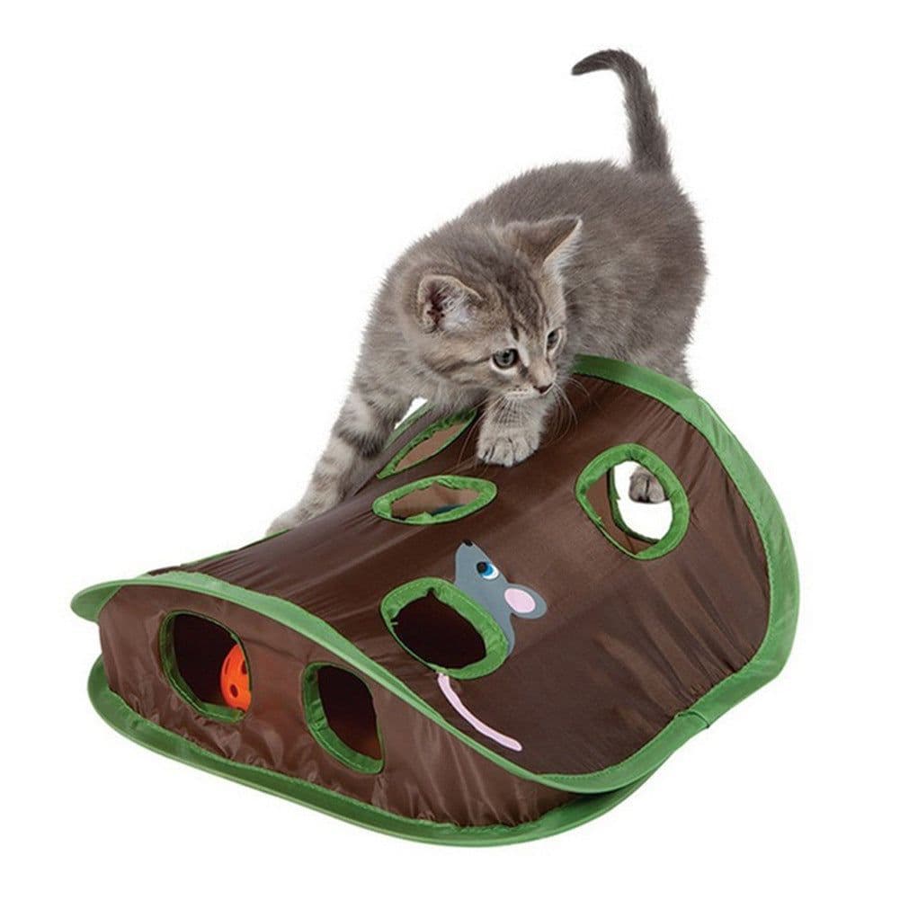 image-Cute Pet Cat Interactive Hide Seek Game 9 Holes Tunnel Mouse Hunt Intelligence Toy Pet Hidden Hole Kitten Foldable Toys