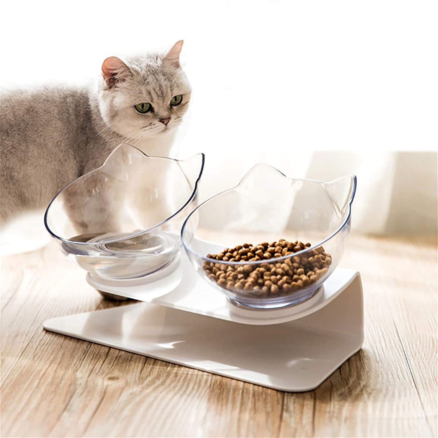image-Non Slip Double Cat Bowl With Raised Stand Pet Food Cat Feeder Protect Cervical Vertebra Dog Bowl Transparent Pet Products