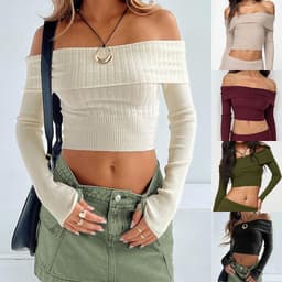 image-Boat Neck Long Sleeve Knitted Sweater Off-shoulder Crop Short Top SFor Womens Clothing