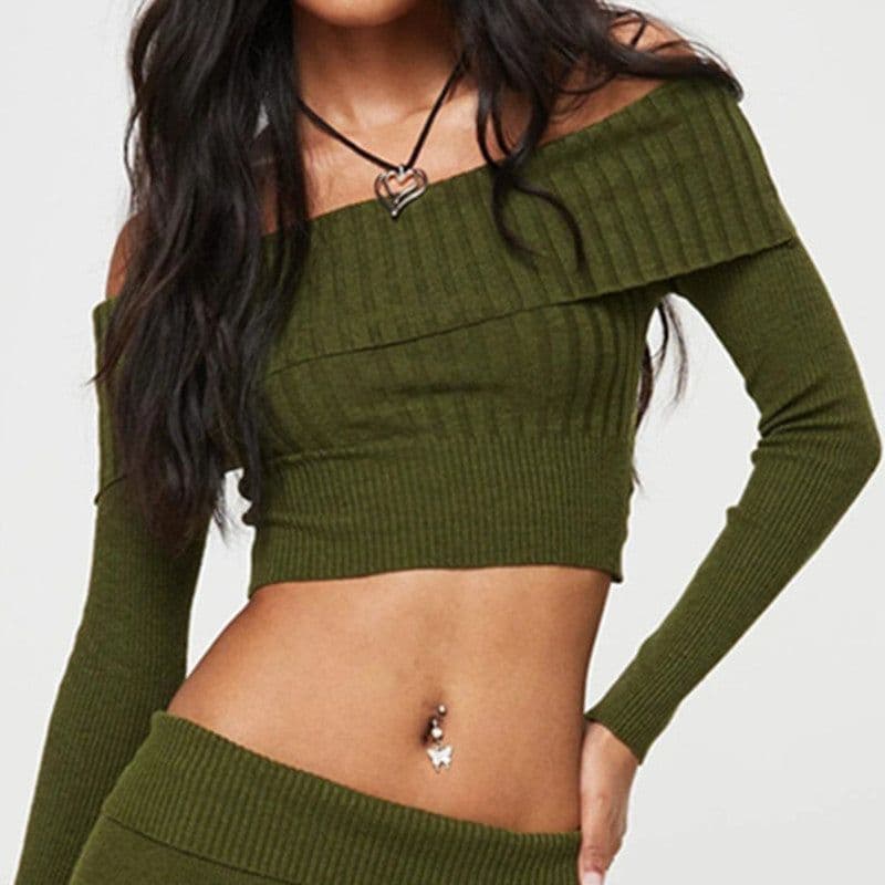 image-Boat Neck Long Sleeve Knitted Sweater Off-shoulder Crop Short Top SFor Womens Clothing