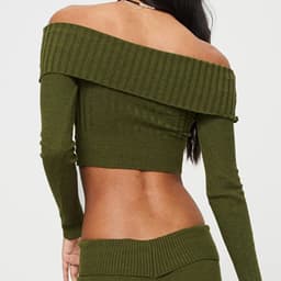 image-Boat Neck Long Sleeve Knitted Sweater Off-shoulder Crop Short Top SFor Womens Clothing