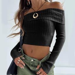 image-Boat Neck Long Sleeve Knitted Sweater Off-shoulder Crop Short Top SFor Womens Clothing