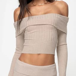 image-Boat Neck Long Sleeve Knitted Sweater Off-shoulder Crop Short Top SFor Womens Clothing