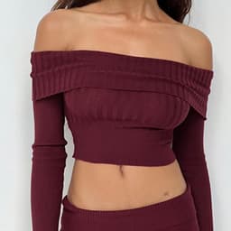 image-Boat Neck Long Sleeve Knitted Sweater Off-shoulder Crop Short Top SFor Womens Clothing