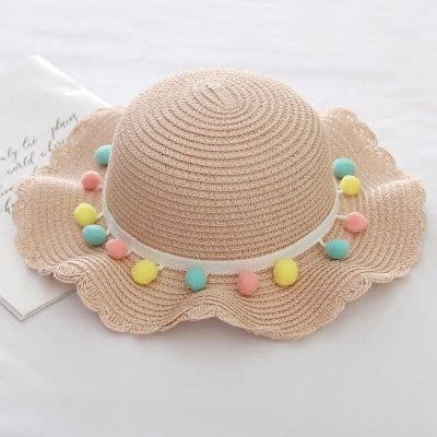 image-Summer Children'S Bags, Hats, Female Decoration, Small Colored Balls, Sunscreen, Lace, Beach Hats, Breathable Sandals