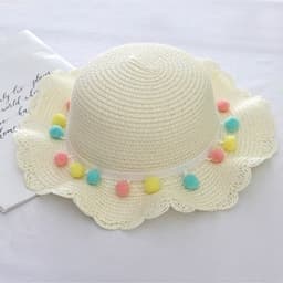 image-Summer Children'S Bags, Hats, Female Decoration, Small Colored Balls, Sunscreen, Lace, Beach Hats, Breathable Sandals