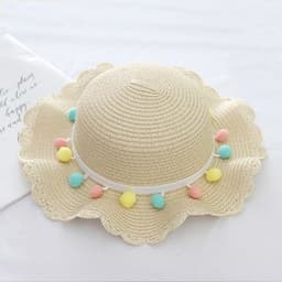 image-Summer Children'S Bags, Hats, Female Decoration, Small Colored Balls, Sunscreen, Lace, Beach Hats, Breathable Sandals
