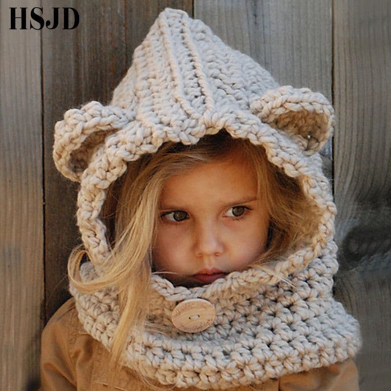 image-Girls Hats Handmade Kids Winter Hats Wrap Bear Scarf Caps Cute Autumn Children Cartoon Bear Knitted Hats