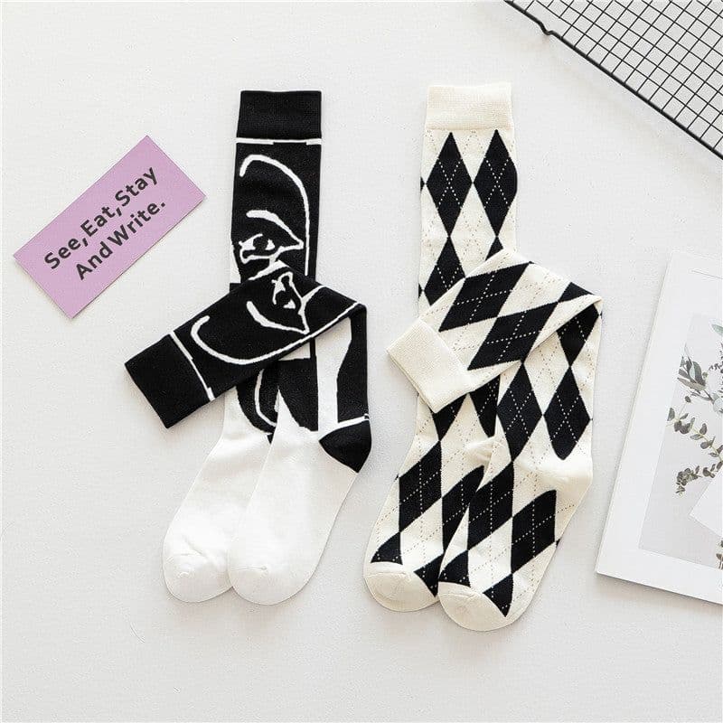 image-Trendy Cool Calf Socks Female Retro Street Black And White