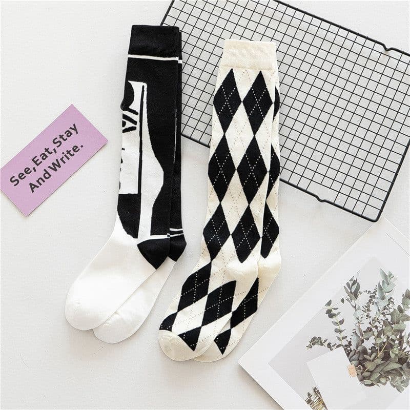 image-Trendy Cool Calf Socks Female Retro Street Black And White