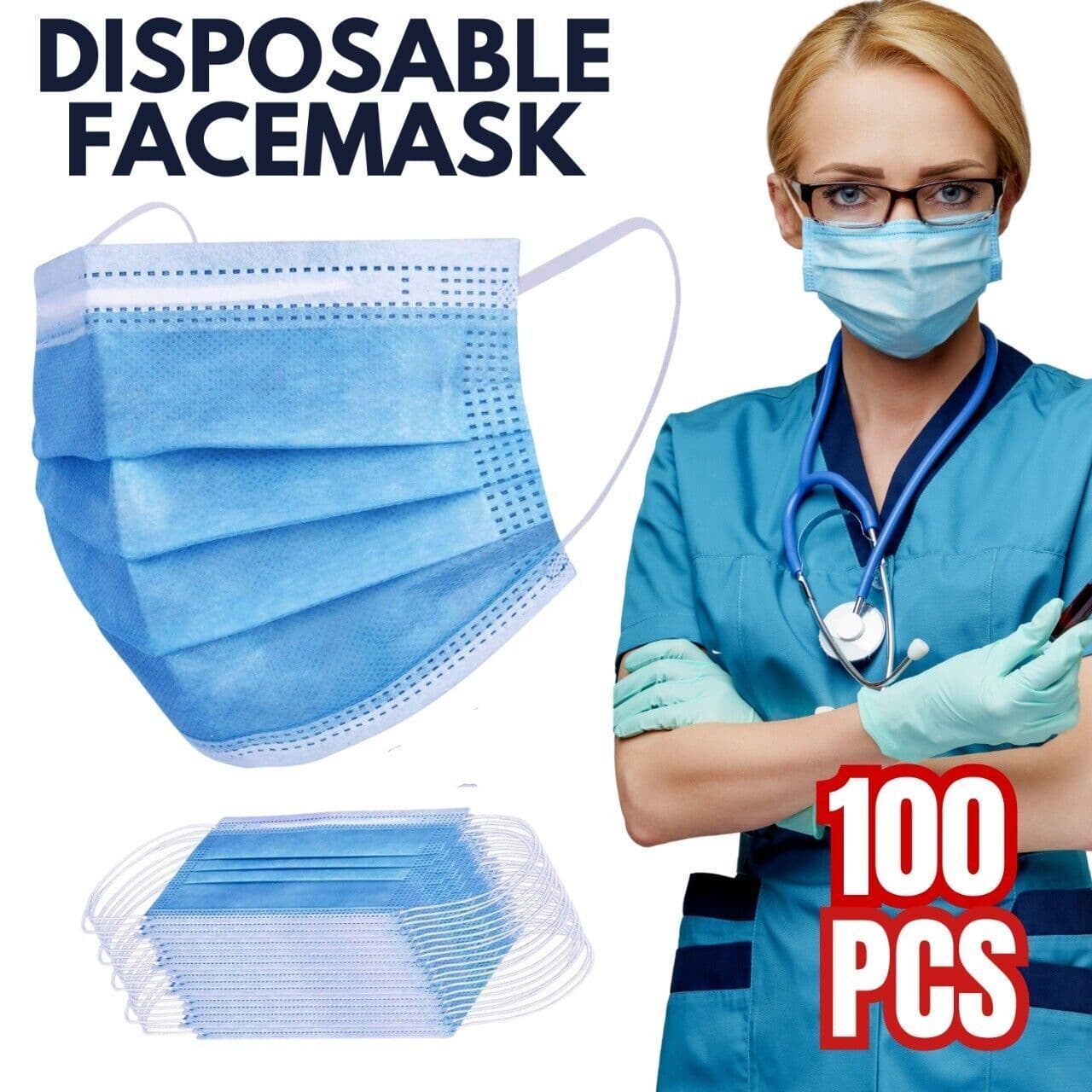 image-100 PCS Protective Disposable Face Mask Cover 3 Ply Disposable Face Masks - Blue