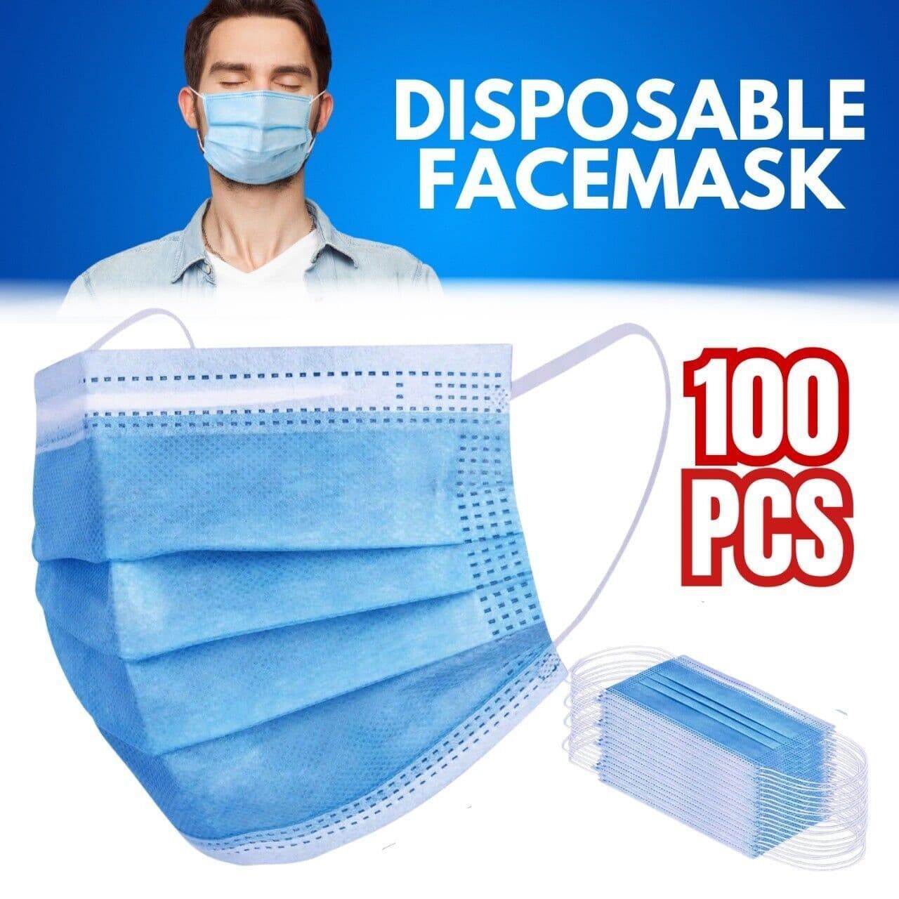 image-100 PCS Protective Disposable Face Mask Cover 3 Ply Disposable Face Masks - Blue