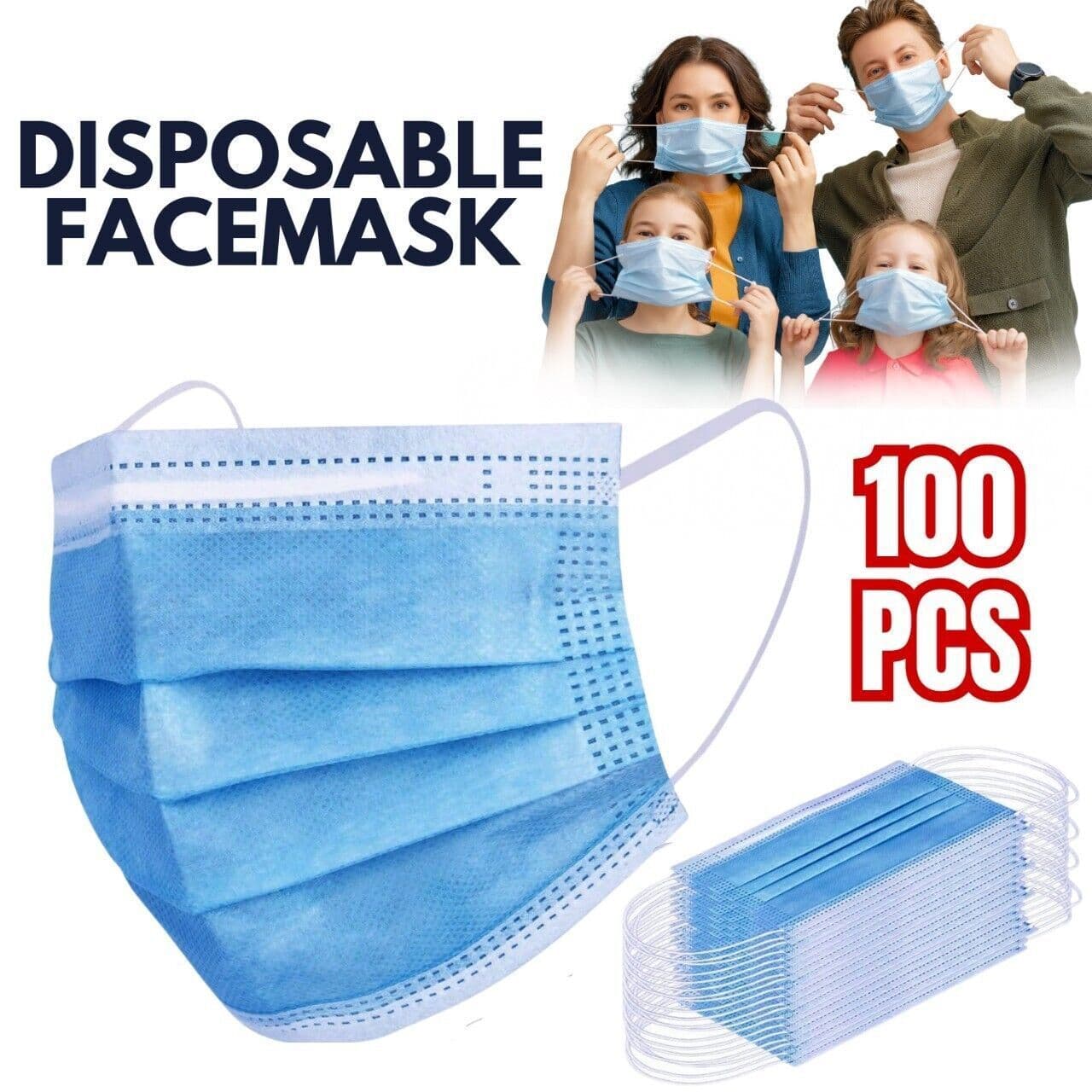 image-100 PCS Protective Disposable Face Mask Cover 3 Ply Disposable Face Masks - Blue