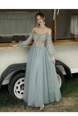 image-Summer Long-Sleeved Meat-Covering Evening Dress