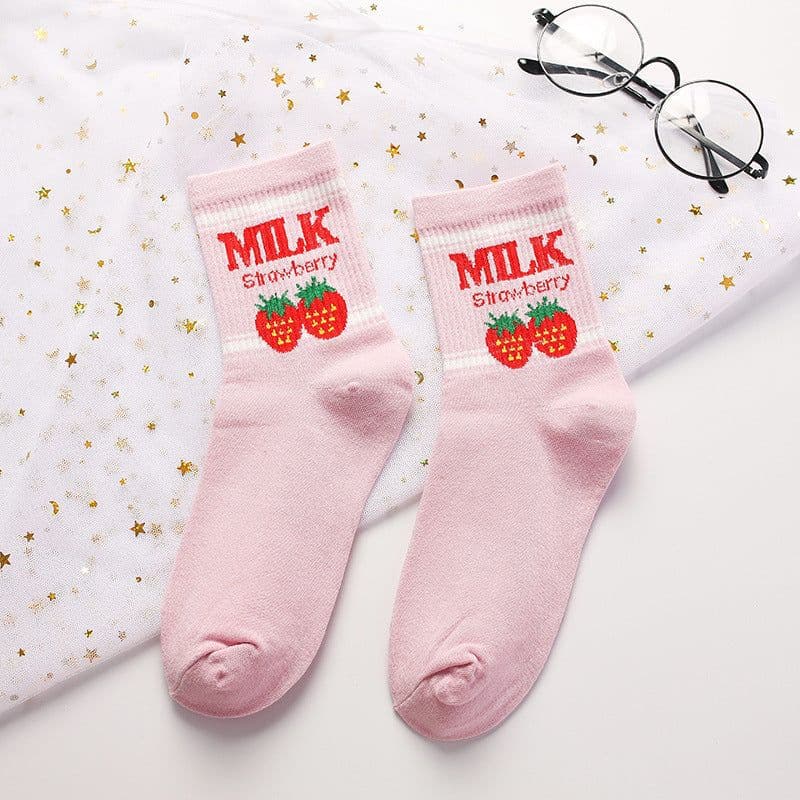 image-Hot Sale Banana Strawberry Milk Milk Mid-tube Cotton Women's Socks Korean Fashion Casual Socks Women's Socks Woman Socks