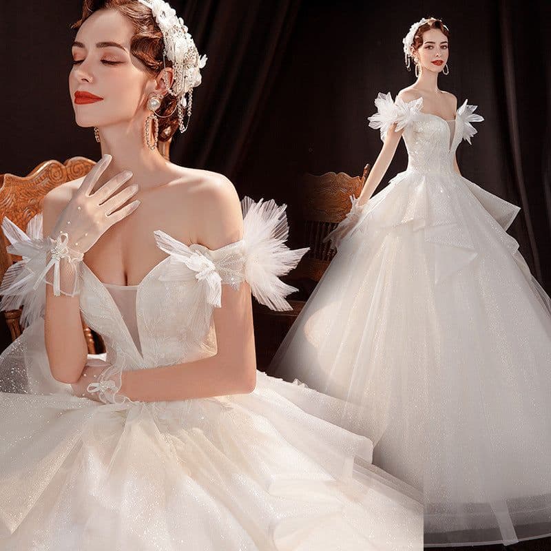 image-Angel''s wedding dress court fashion French bride champagne petals one shoulder wedding dress wholesale 16016