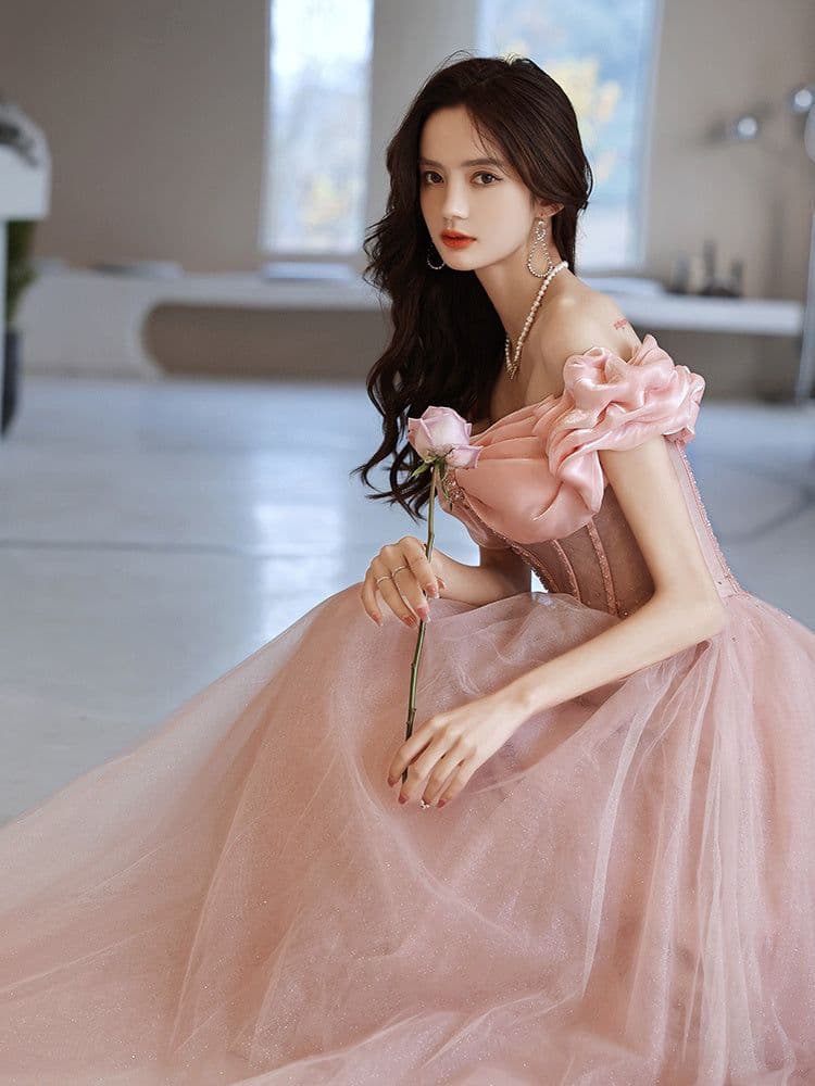 image-One Shoulder Evening Dress Pink Noble Dress