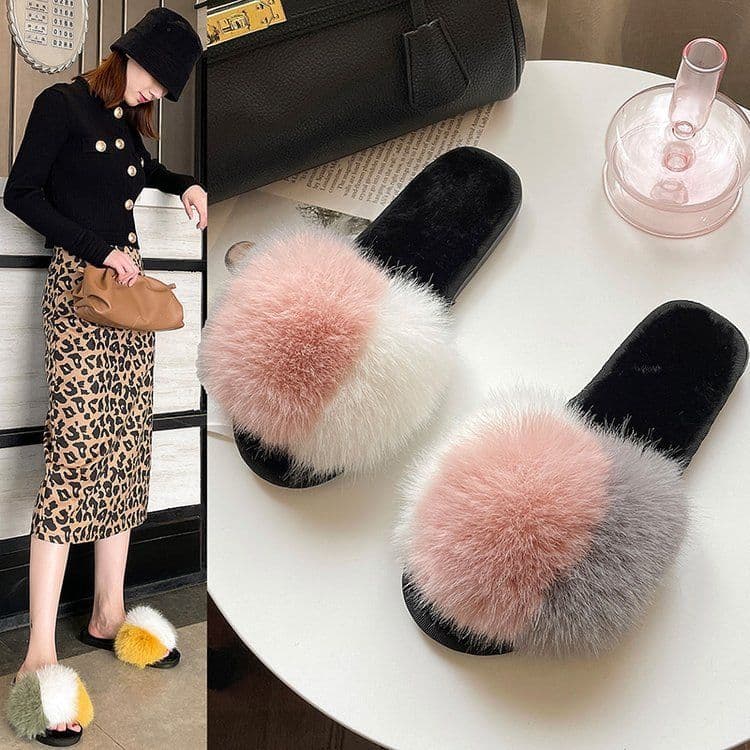 image-New Women's Home Slippers Winter Warm Shoes Indoor Plush Slippers Fluffy Female Flat Fur Shoes For Ladies Soft Slippers