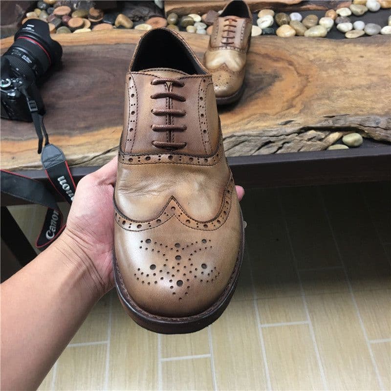 image-Men's Vintage Engraved Handmade Distressed Leather Shoes