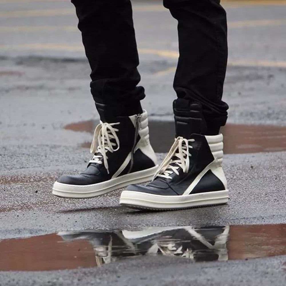image-Men's Genuine Leather High Top Black And White Inverted Triangle Shoes
