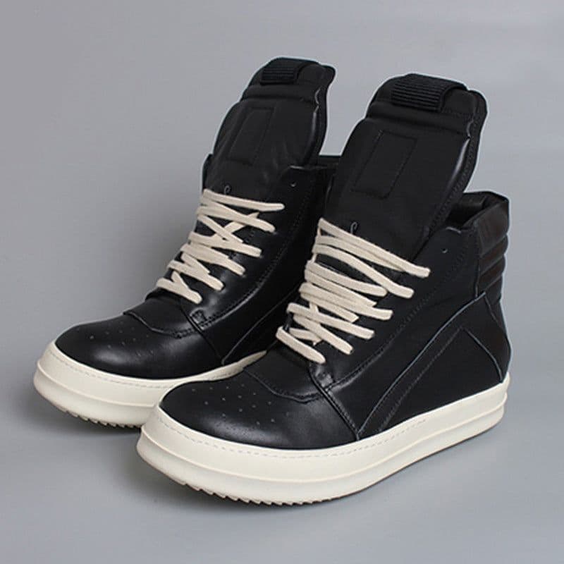 image-Men's Genuine Leather High Top Black And White Inverted Triangle Shoes