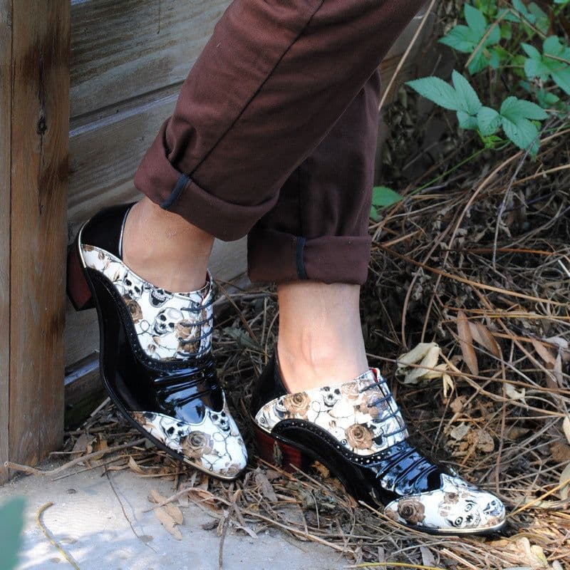 image-Trendy High Heel Men's British Print Skull Casual Leather Shoes