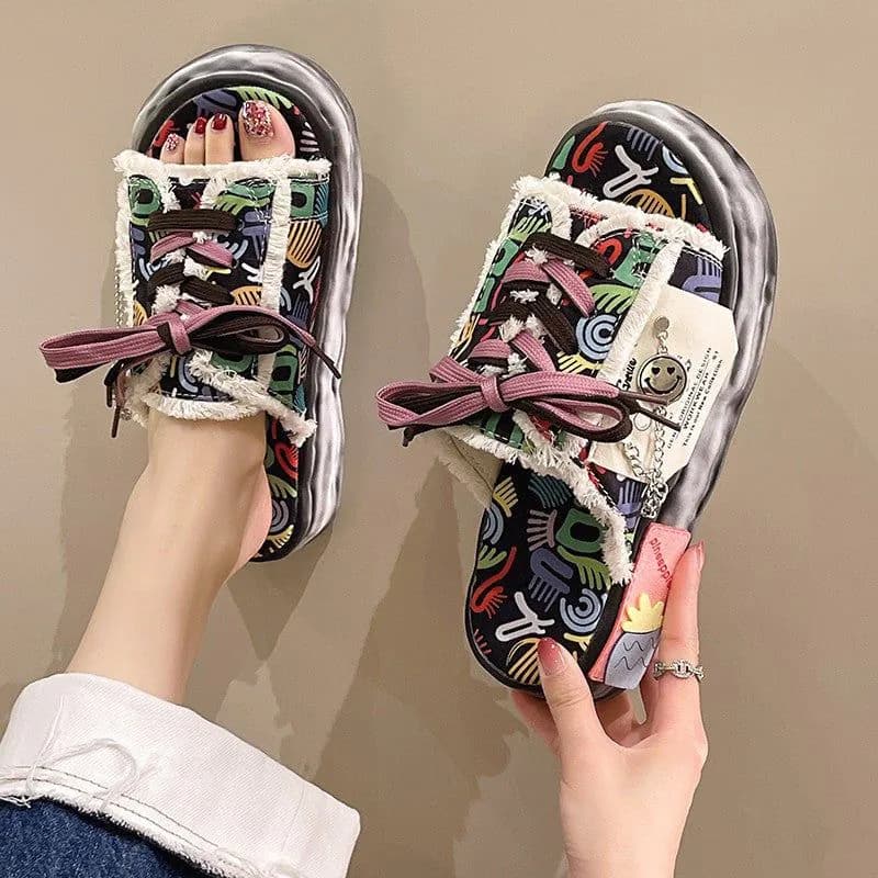 image-Net Red Graffiti Slippers For Women To Wear In Summer