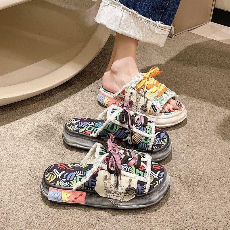 image-Net Red Graffiti Slippers For Women To Wear In Summer