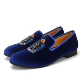 image-Men's Blue Velvet Shoes Embroidered Crown Couture