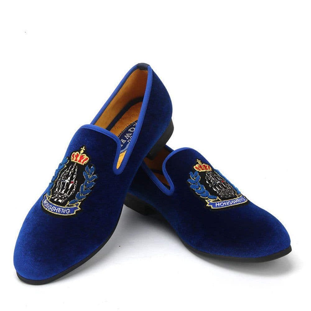image-Men's Blue Velvet Shoes Embroidered Crown Couture