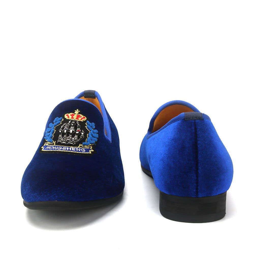 image-Men's Blue Velvet Shoes Embroidered Crown Couture