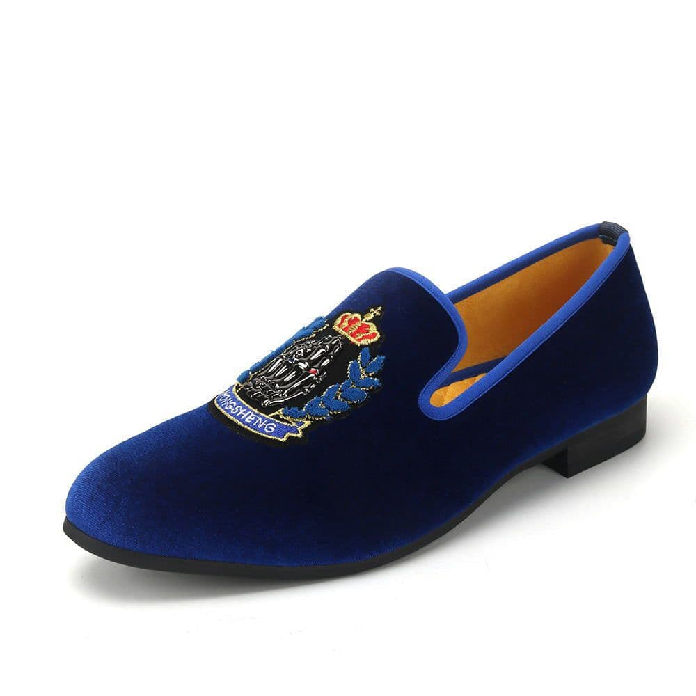 image-Men's Blue Velvet Shoes Embroidered Crown Couture