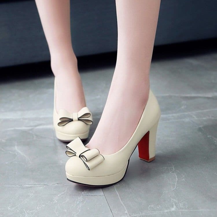 image-Shallow Bowknot White Thick Heel High Heel Shoes