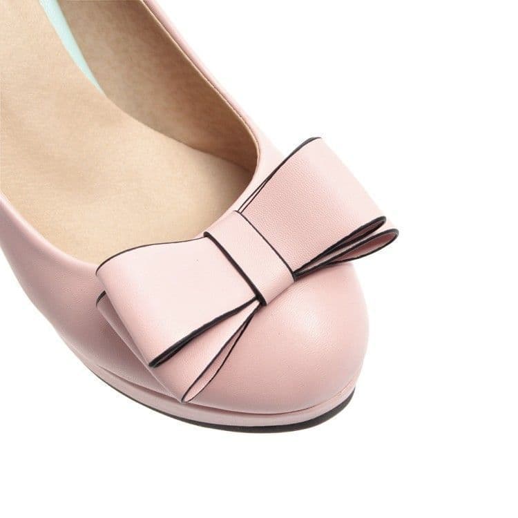 image-Shallow Bowknot White Thick Heel High Heel Shoes