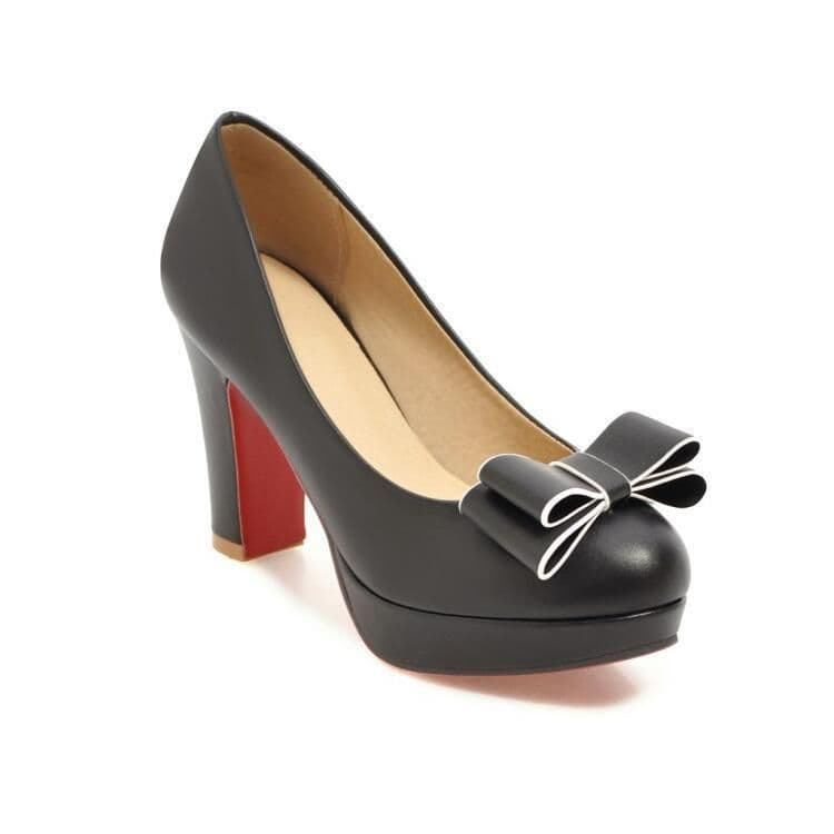image-Shallow Bowknot White Thick Heel High Heel Shoes