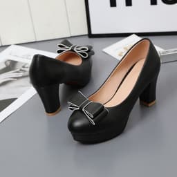 image-Shallow Bowknot White Thick Heel High Heel Shoes