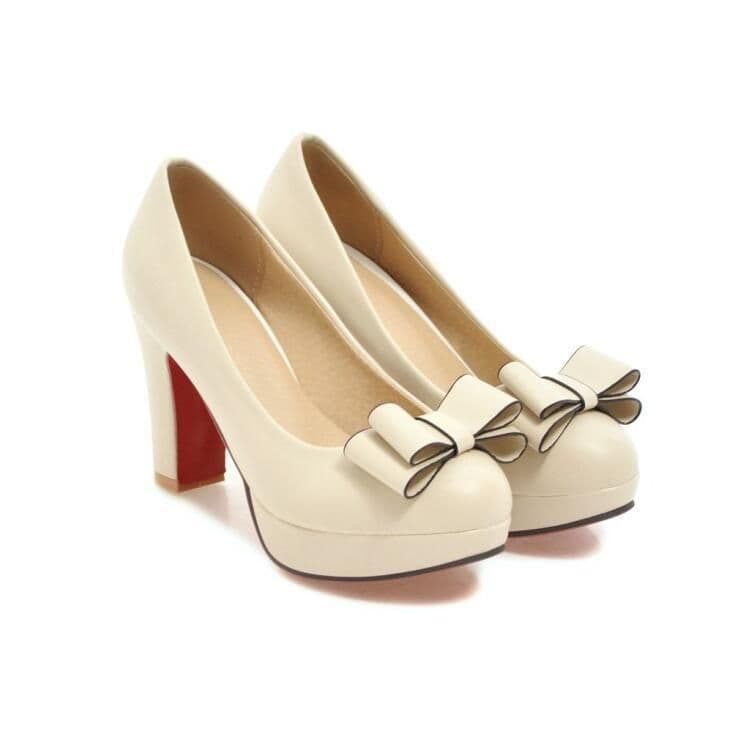 image-Shallow Bowknot White Thick Heel High Heel Shoes