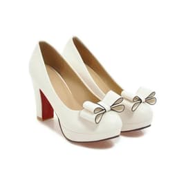 image-Shallow Bowknot White Thick Heel High Heel Shoes
