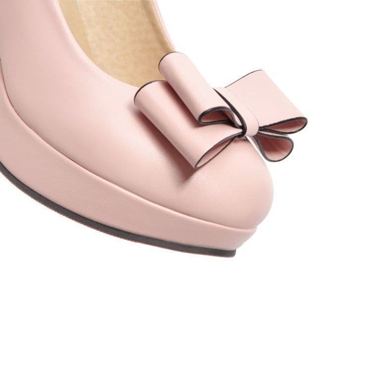 image-Shallow Bowknot White Thick Heel High Heel Shoes