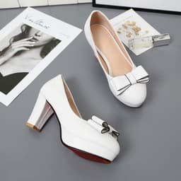 image-Shallow Bowknot White Thick Heel High Heel Shoes