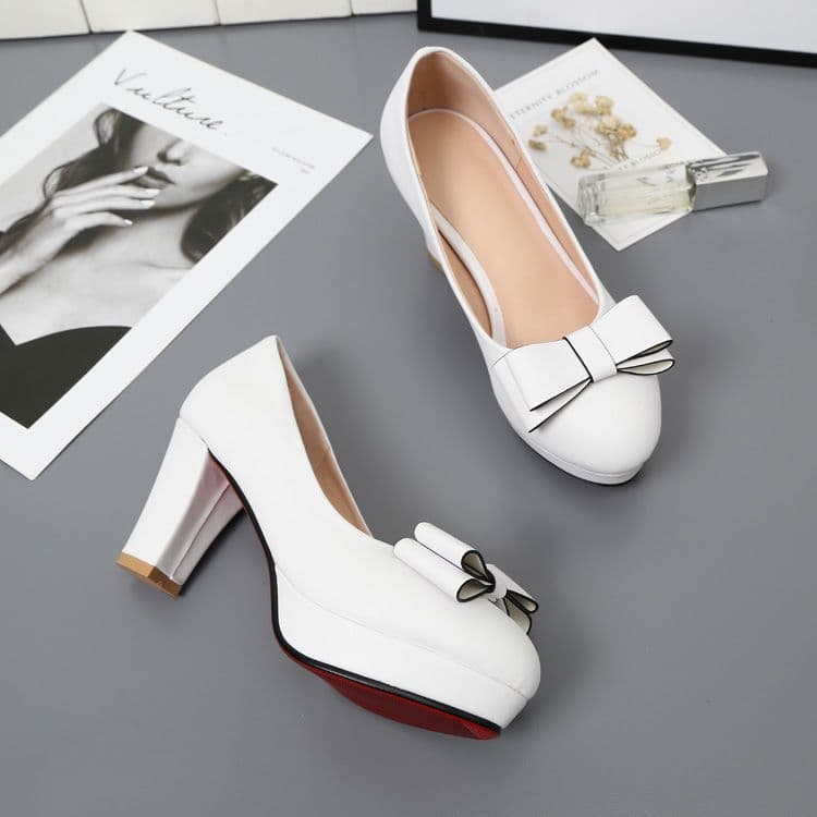 image-Shallow Bowknot White Thick Heel High Heel Shoes