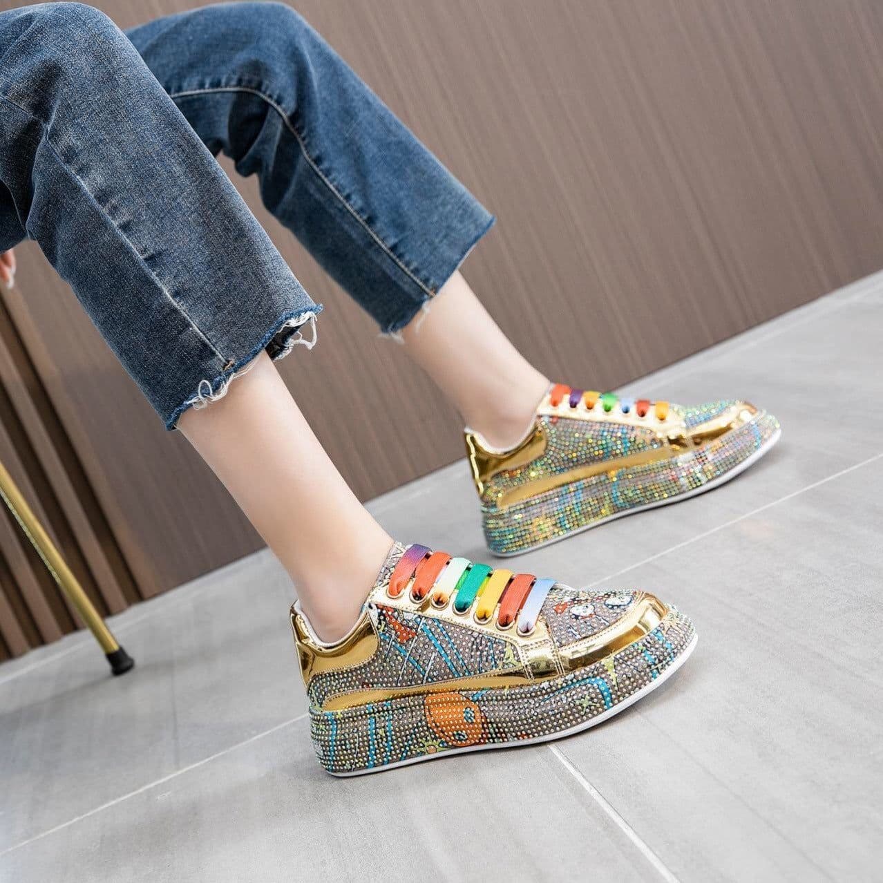 image-Women's Versatile High Leather Rhinestone Large Board Shoes