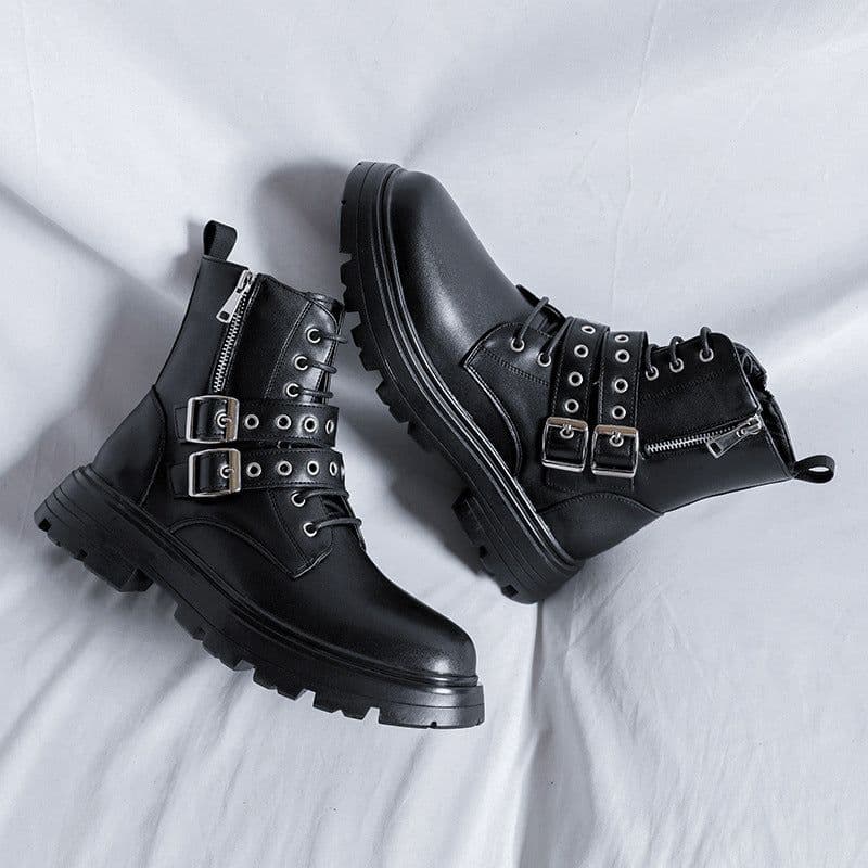 image-Round Head High Top Medium Thick Bottom Men's Middle Heel Side Zipper Martin Boots